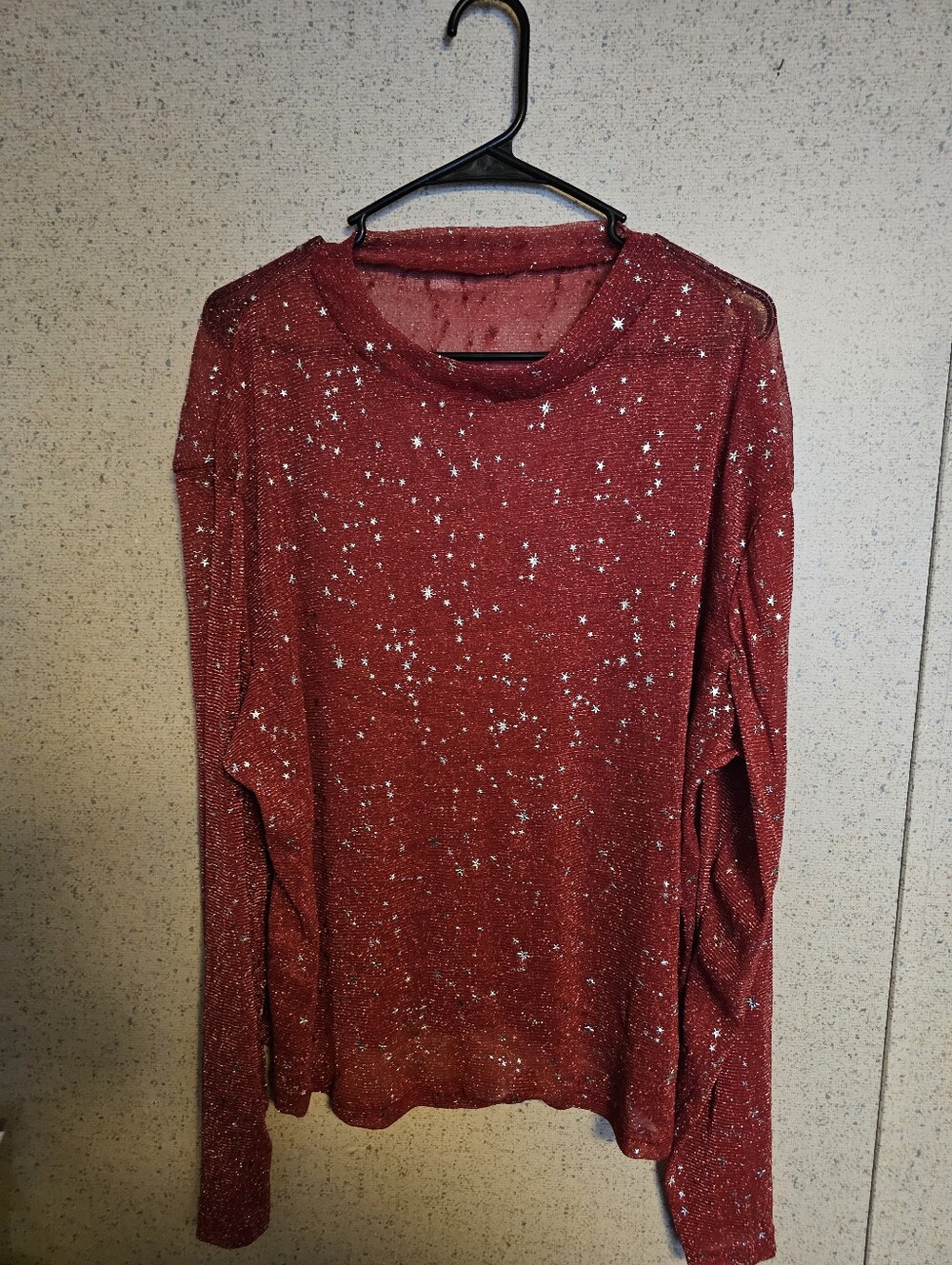 Women's Red Glitter Star Sheer Long-Sleeve Top